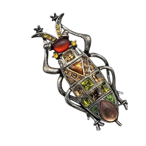 Beetle Brooch With Multicolor Frosted & Faceted Glass Stones Silver Tone Setting - Picture 4 of 7